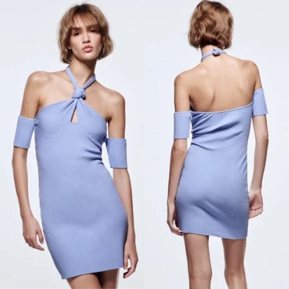 $10 CLEAR OUT CLOSET Zara Knotted Rib Mini Dress Sz Small Backless Halter Neck